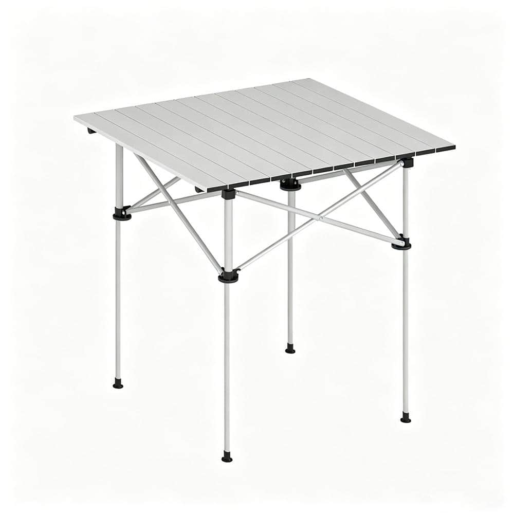 Folding Roll-Up Camping Table with Metal Legs for Picnic, Travel and Outdoor Use, Silver