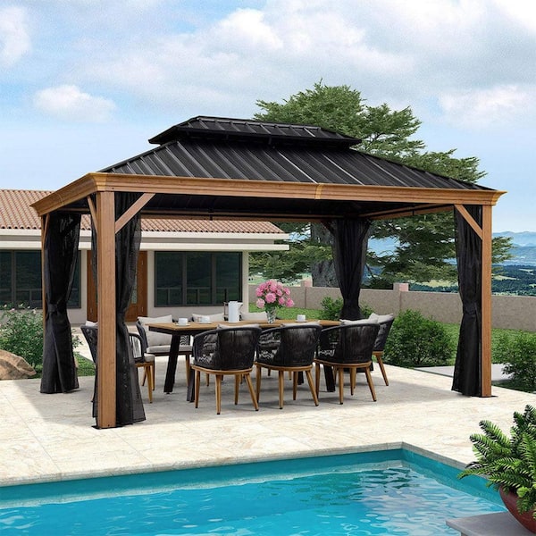 PURPLE LEAF 10 ft. x 14 ft. Hardtop Gazebo Galvanized Steel Roof Gazebo with Wooden Coated Aluminum Frame and Mosquito Net