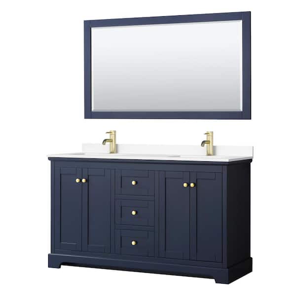 Wyndham Collection Avery 60 in. W x 22 in. D Double Vanity in Dark Blue with Cultured Marble Vanity Top in White with Basins and Mirror