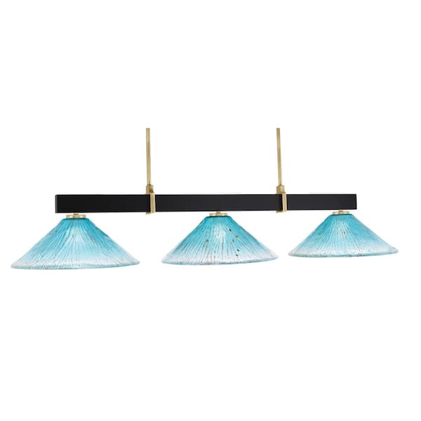 Balmore 3-Light Matte Black and New Age Brass Billiard Light with 16 in. Teal Crystal Glass Shades