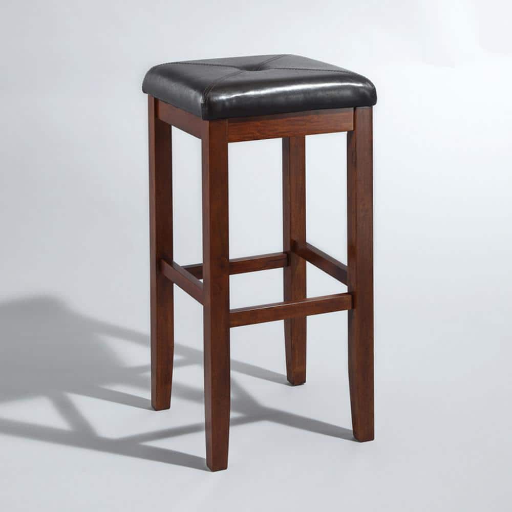 Vintage Mahogany Backless Wood Bar Stools with Leather Seats, 29" Height