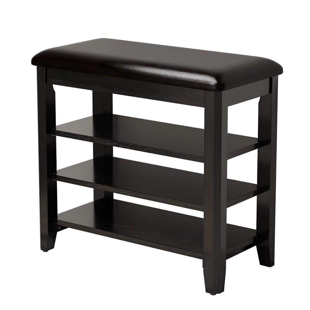 23.6" W Black Solid Wood Shoe Storage Bench with Cushion