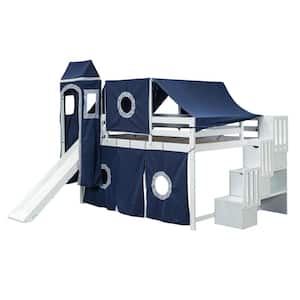 Blue Full Size Wood Loft Bed with Tent, Tower, Slide and Storage Staircase