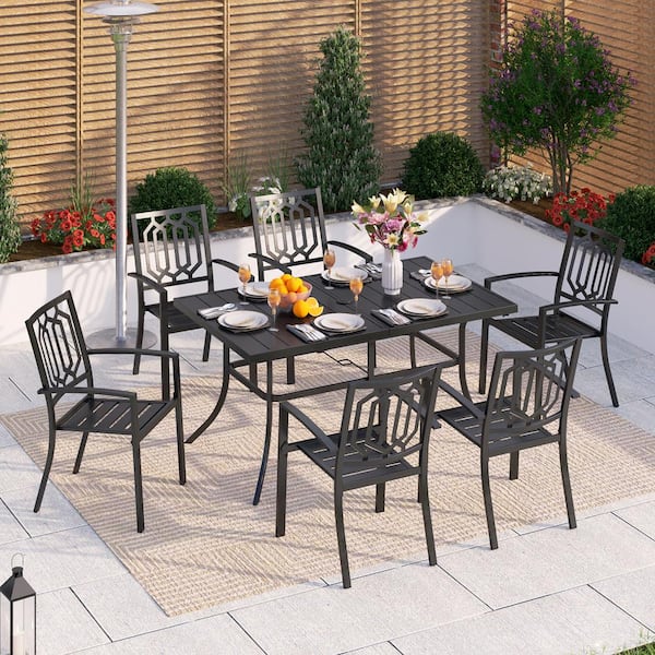 PHI VILLA Black 7-Piece Metal Outdoor Patio Dining Set with Rectangle Table and Fashion Stackable Chairs