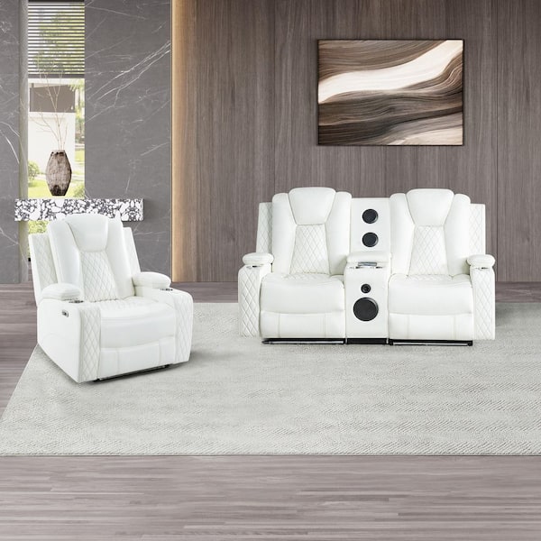 HOMESTOCK 2 Piece 84.25 in. Faux Leather Home Theatre Reclining Chair and Sofa Living Room Suite with Adjustable Headrest in White