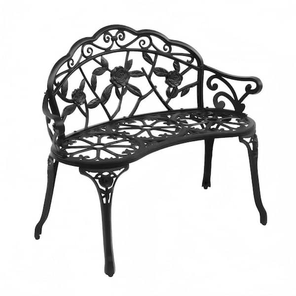 Black Outdoor Cast Aluminum Patio Bench-Rose Pattern Curved Legs-Weather Resistant, Comfortable Easy to Assemble