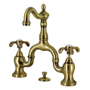 French Country 8 in. Widespread 2-Handle Bridge Bathroom Faucets with Brass Pop-Up in Antique Brass