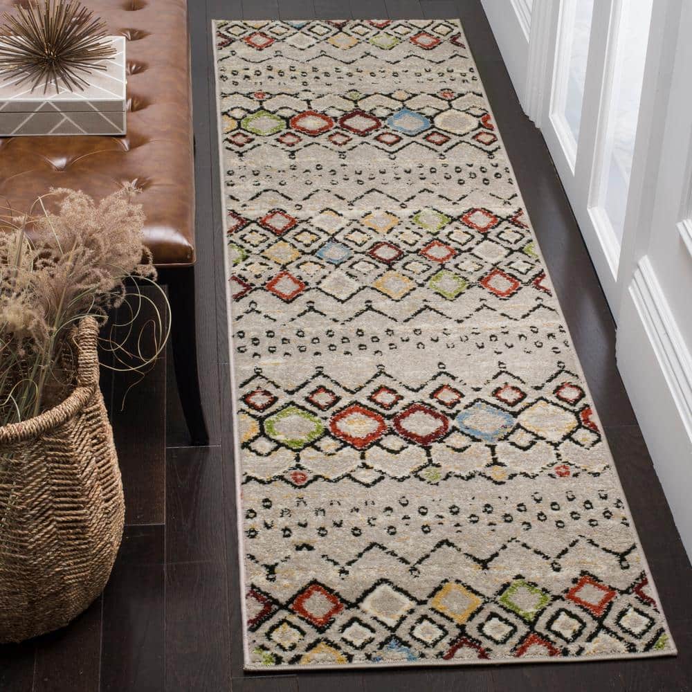 Light Grey Geometric 27" Synthetic Runner Rug