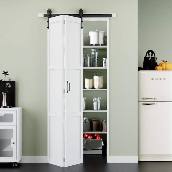 ARK DESIGN 36 in. x 84 in. Paneled 3-Lite White Primed Solid Core MDF Bi-fold Sliding Barn Door with Hardware Kit