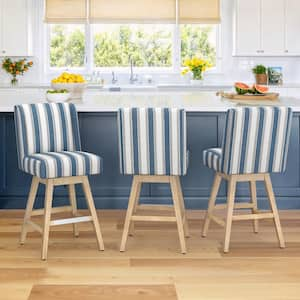 Joyce 26 in. Blue White Striped Fabric Upholstered Swivel Bar Stool with Solid Wood Leg Counter Stool (Set of 3)