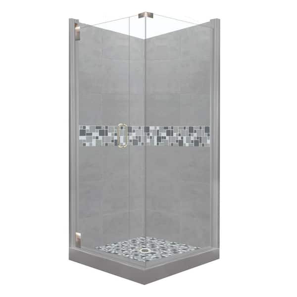 American Bath Factory Newport Grand Hinged 38 in. x 38 in. x 80 in. Left-Hand Corner Shower Kit in Wet Cement and Satin Nickel Hardware