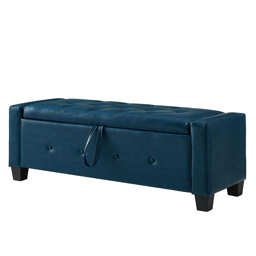 Veblen Modern Blue Upholstered Faux Leather Storage Ottoman Tufted Bench with Flip Top