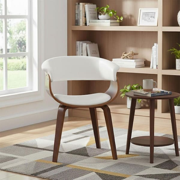 Wood and White Faux Leather Mid-Century 18- in. Seat Height Dining Chair