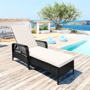 Black 1-Piece Wicker Patio Outdoor Chaise Lounge with Beige Cushions