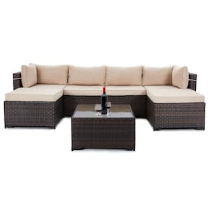 7-Piece Wicker Outdoor Patio Conversation Seating Set with Beige Cushions