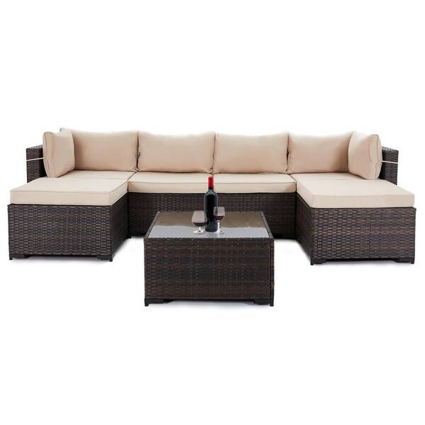 UPHA 7-Piece Wicker Outdoor Patio Conversation Seating Set with Beige Cushions