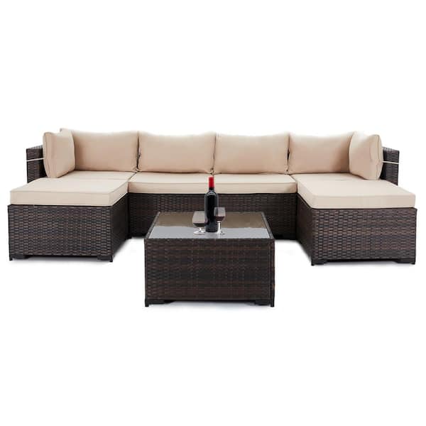 UPHA 7-Piece Wicker Outdoor Patio Conversation Seating Set with Beige ...