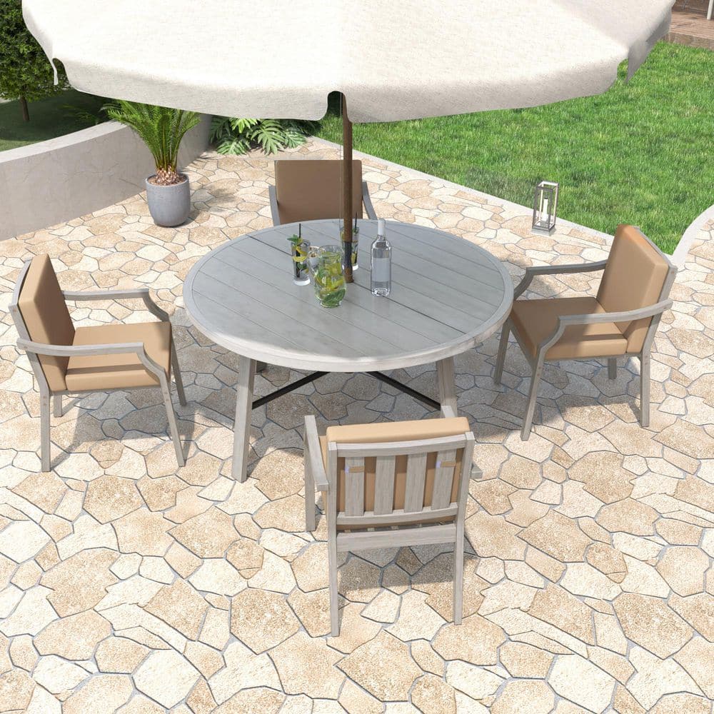5-Piece Gray Wood Outdoor Dining Set with Removable Brown Cushion and Umbrella Hole price history on PriceWatchPro
