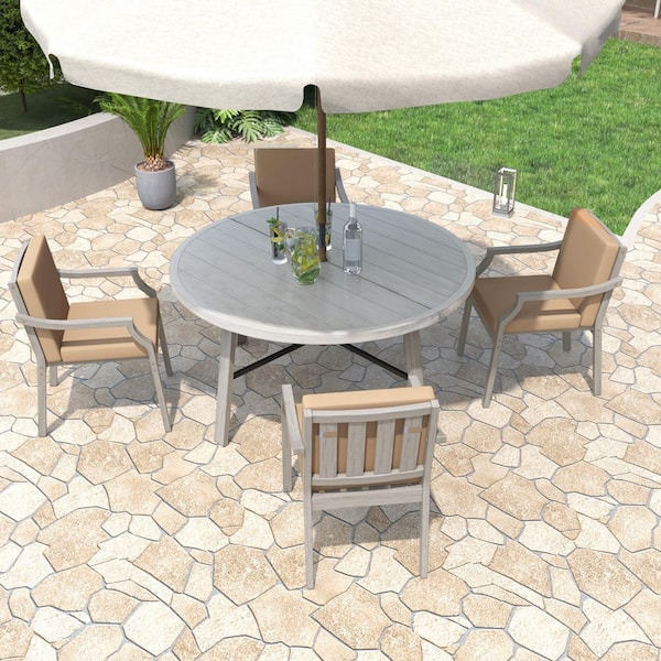 5-Piece Gray Wood Outdoor Dining Set with Removable Brown Cushion and Umbrella Hole