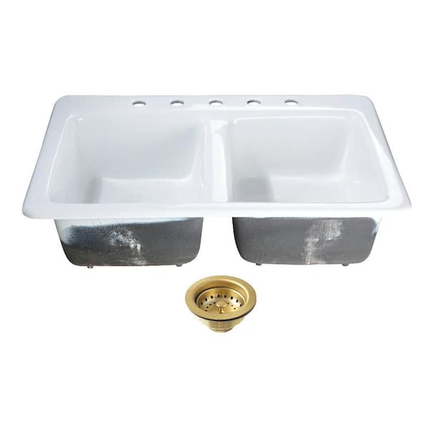 Petra Galley 33 in. Drop-In 50/50 Double Bowl Cast Iron Kitchen Sink with Basket Strainer
