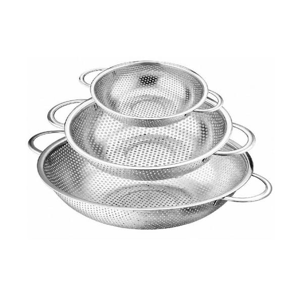 Stainless Steel Colander Set of 3 (1-3-5 qt.), Micro-Perforated Metal Colander Strainer with Handle for Kitchen