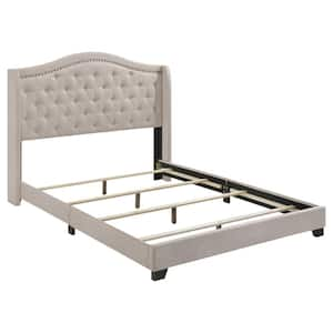 Sonoma Beige Wood Frame Full Panel Bed with Nail Head Trim