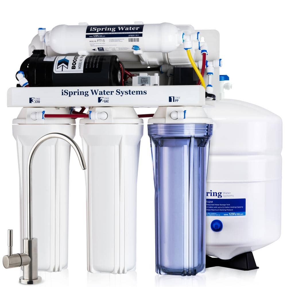 5-Stage 100 GPD Under Sink RO Water Filter System w/ Booster Pump and Brushed Nickel Faucet