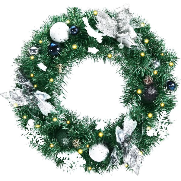 Gymax 20 in. Pre-Lit Artificial Christmas Wreath Full-Decorated with LED Lights and Timer