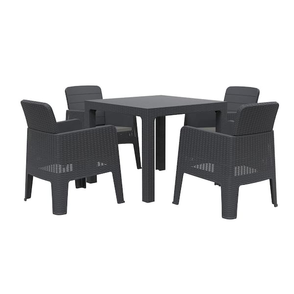 DUKAP LUCCA Black 5-Piece Plastic Outdoor Dining Set with Grey Cushions