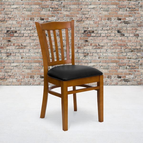 Hercules Series Cherry Vertical Slat Back Wooden Restaurant Chair with Black Vinyl Seat