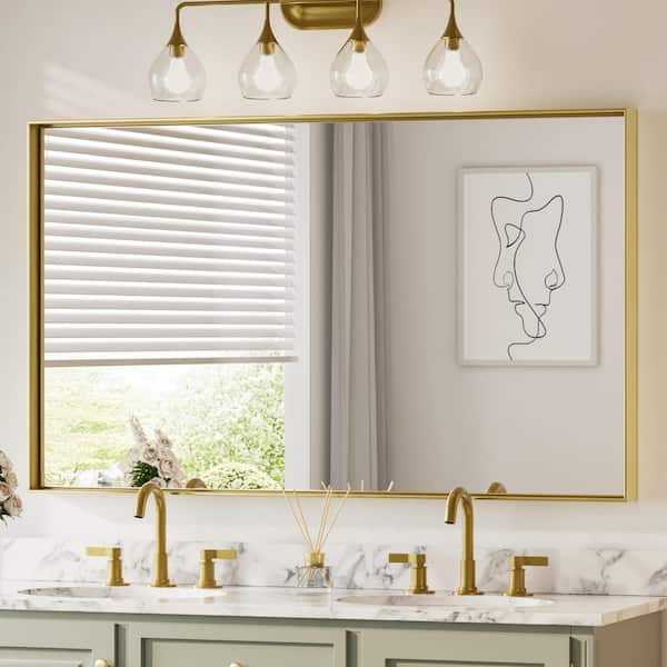 KeonJinn 60 in. W x 36 in. H Framed Brushed Gold Mirrors for Bathroom Wall Square Corner Bathroom Vanity Mirror Over Sink