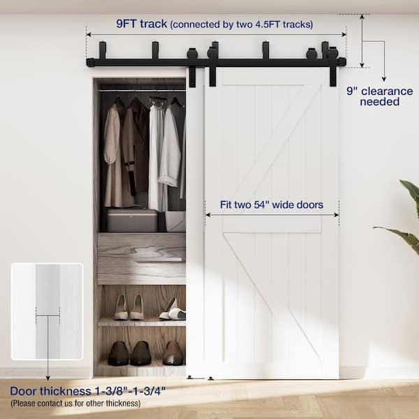 9 ft./108 in. Powder Coated Black Heavy-Duty Bypass Double Door Sliding Barn Door Hardware Classic Design Roller 9 ft./108 in. Powder Coated Black Heavy-Duty Bypass Double Door Sliding Barn Door Hardware Classic Design Roller