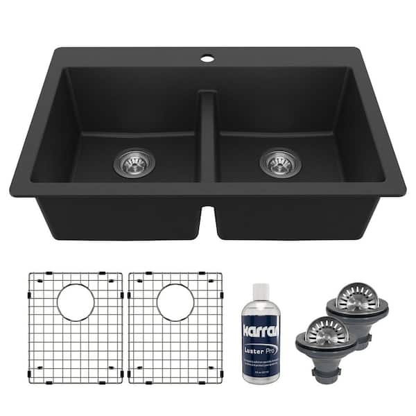 QT-810 Quartz/Granite 33 in. Double Bowl 50/50 Top Mount Drop-in Kitchen Sink in Black with Bottom Grid and Strainer