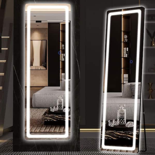 Vosuja Black 16 in. W x 56 in. H Rectangle Full Length Mirror with LED Lights Floor and Wall Mounted for Bedroom, Living Room