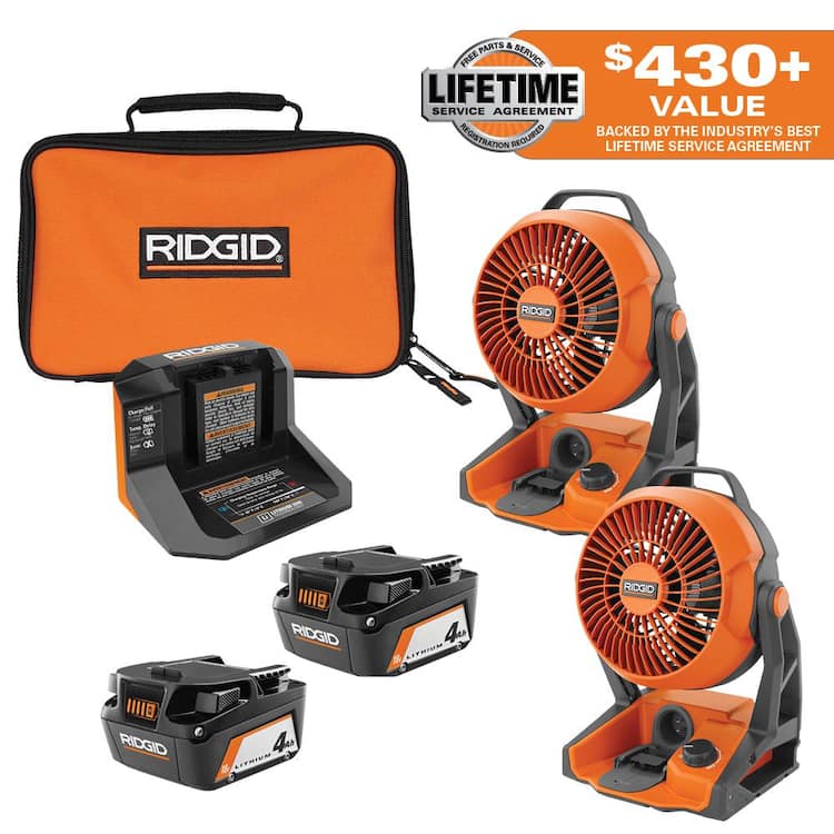 RIDGID 18V (2) 4.0 Ah Batteries and Charger Kit with (2) 18V Hybrid Fans