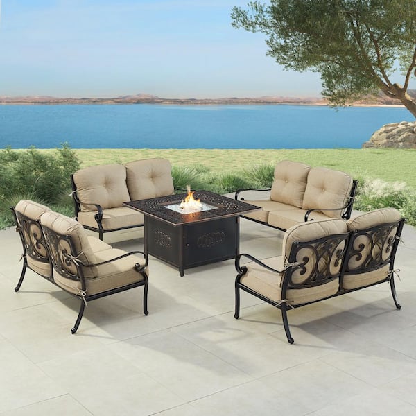 Oakland Living Black 5 Piece Aluminum Patio Fire Pit Table Set with 4 Deep Seating Loveseats with Tan Cushions