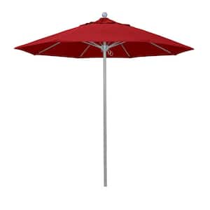 9 ft. Gray Woodgrain Aluminum Commercial Market Patio Umbrella Fiberglass Ribs Push Lift in Red Pacifica Premium