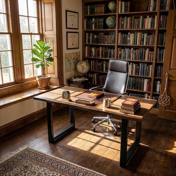 FUFU&GAGA 63 in. W Rectangle Walnut and Black Solid Red Oak No