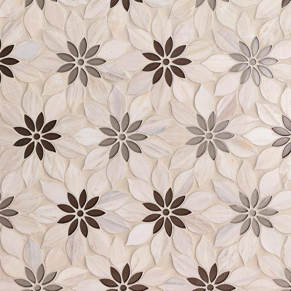 Thistle Ivory and Black Polished Marble Mosaic Tile Sheet