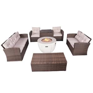 Tilio 7-Pieces Rock and Fiberglass Fire Pit Table with Brown Wicker Conversation Set with Beige Cushions