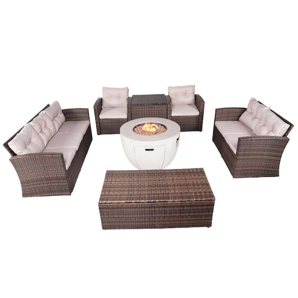 moda furnishings Tilio 7-Pieces Rock and Fiberglass Fire Pit Table with Brown Wicker Conversation Set with Beige Cushions