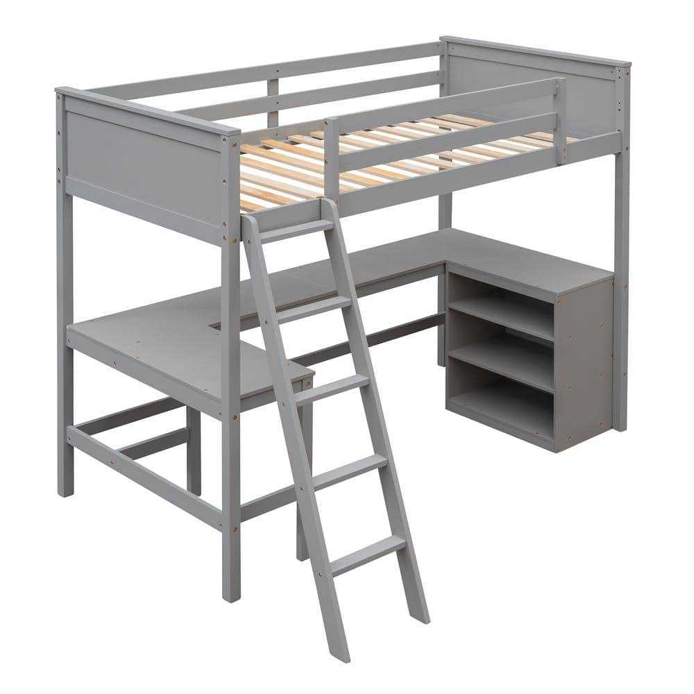 Harper & Bright Designs Gray Twin size Wooden Loft Bed with Shelves and ...