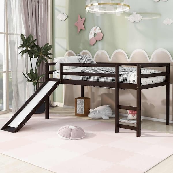 Polibi Espresso Twin Size Wood Loft Bed with Slide, Multifunctional Design