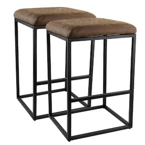 28 in. Brown Backless Faux Leather Bar Stool with Black Base (Set of 2)