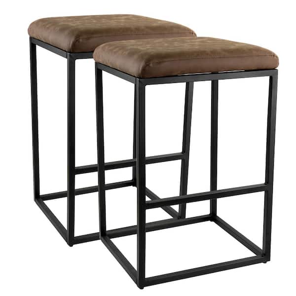 Elama 28 in. Brown Backless Faux Leather Bar Stool with Black Base (Set of 2)