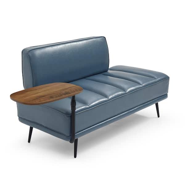55 in. Blue 2 Seat Sofa Chair Faux Leather Couch Bedroom Bench with Back and 360° Swivel Tray