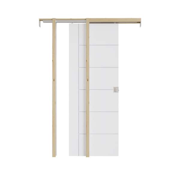 30 in. x 80 in. White Primed Horizontal 6-Panel Molded Wood Pocket Door with Hardware (Soft Close and Silver Lock Incl)