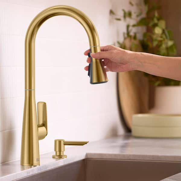Aspirations 18 in. Single Handle Pull Down Triple Sprayer Kitchen Faucet with 360° Swivel Spout in Brushed Gold