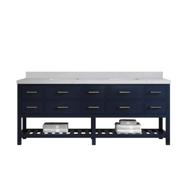 Willow Collections Parker 84 in. Double Sink Freestanding Navy Blue Bath Vanity with Regular Calacatta Sienna Qt. Top Unassembled