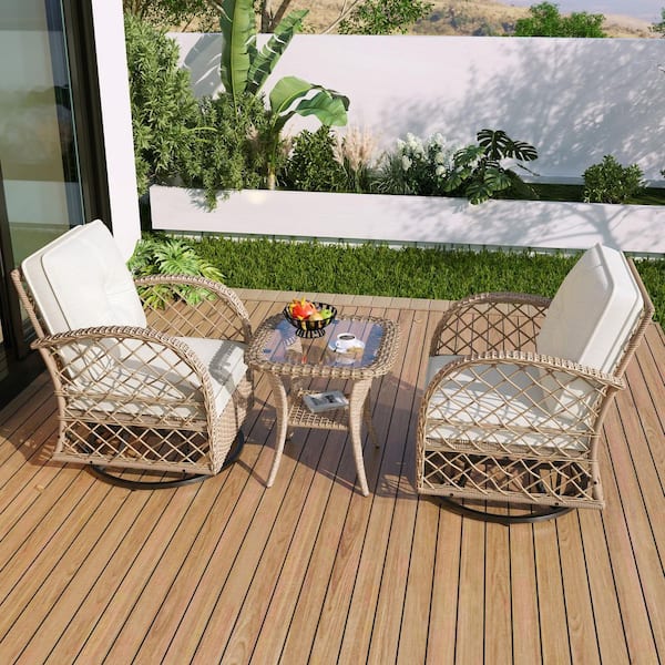 3-Piece Wicker Outdoor Patio Chat Furniture Set with Swivel Chairs and Square Table for Garden, Balcony, Beige Cushions